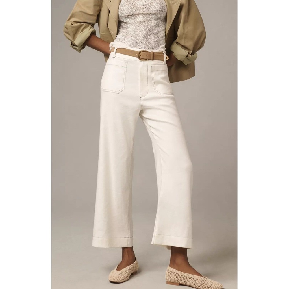 Maeve The Colette Pants 31 Ivory Linen Blend Contrast Stitch Wide Leg Cropped